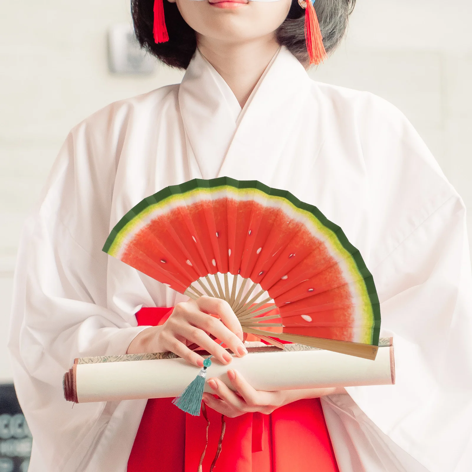 

5 Inch Hand Painted Watermelon Folding Fan Bamboo Fruit Handheld Fan for Summer Festivals Concerts Parties Lightweight Portable