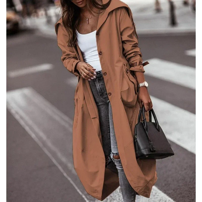 

Wepbel Fashion Streetwear Overcoats Jackets Outwear Pocket Single-Breasted Trench Coat Women Hooded Autumn Long Coats Trench