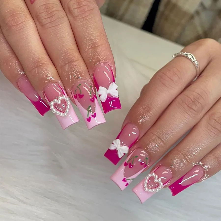 

24PCS Square Shape Press on Nails Fresh French Edge Cherry Bow Love Heart False Nails Exquisite Sweet Cute Design Valentines Day