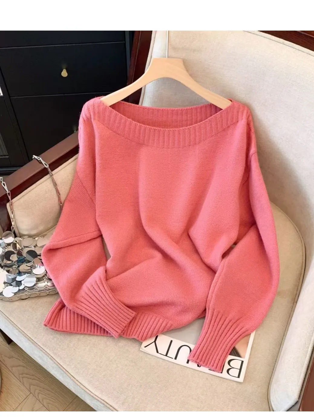 

Laid-ba Sle свитер с открытыми плечами, женский свободный крой, корейская версия, пуловер с круглым вырезом, весна-осень-зима, Новое поступление