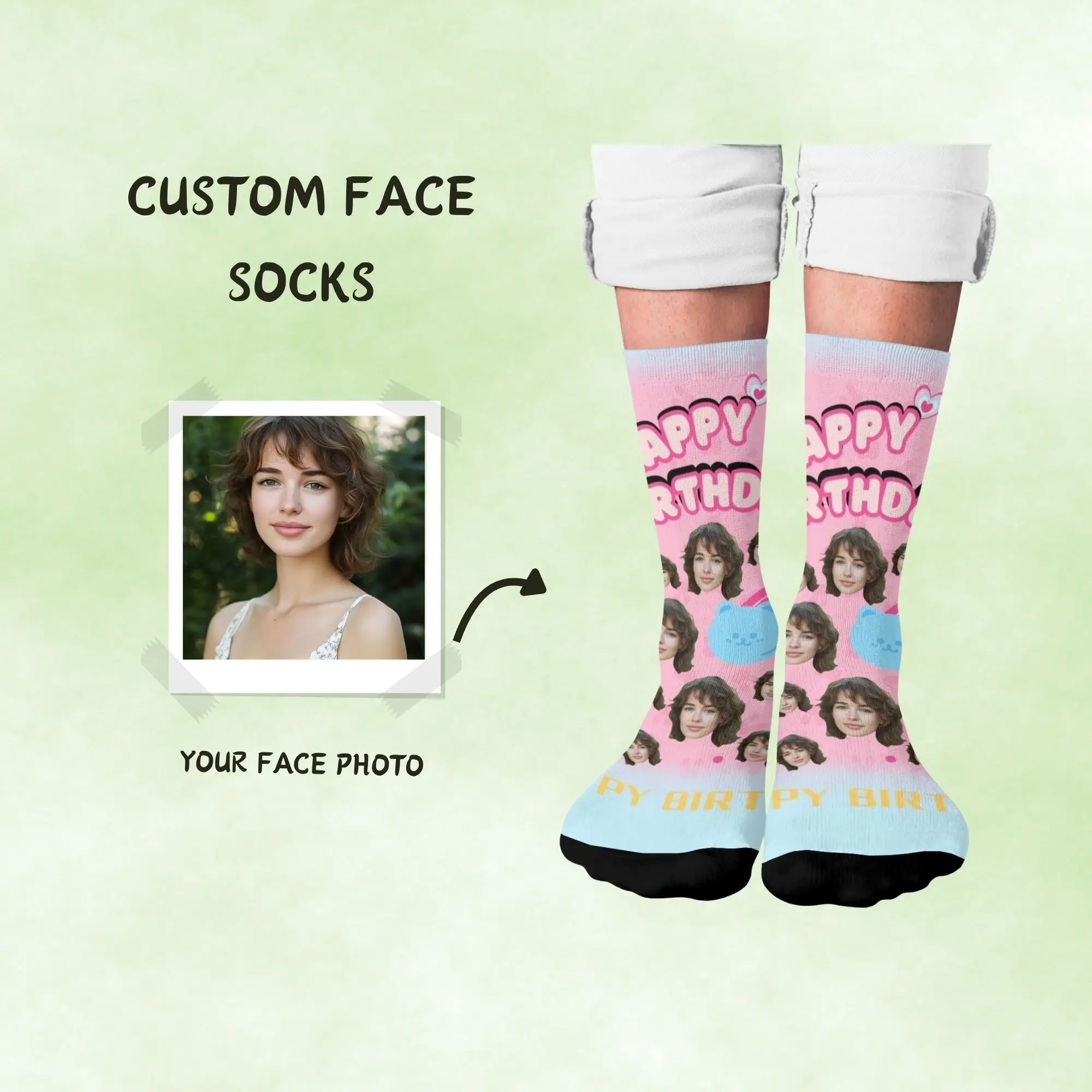 

Cute Birthday Daily Crew Socks Custom Face with Pink Blue Bear “HAPPY BIRTHDAY” on Gradient Carry Sweet Party Vibes Every Day