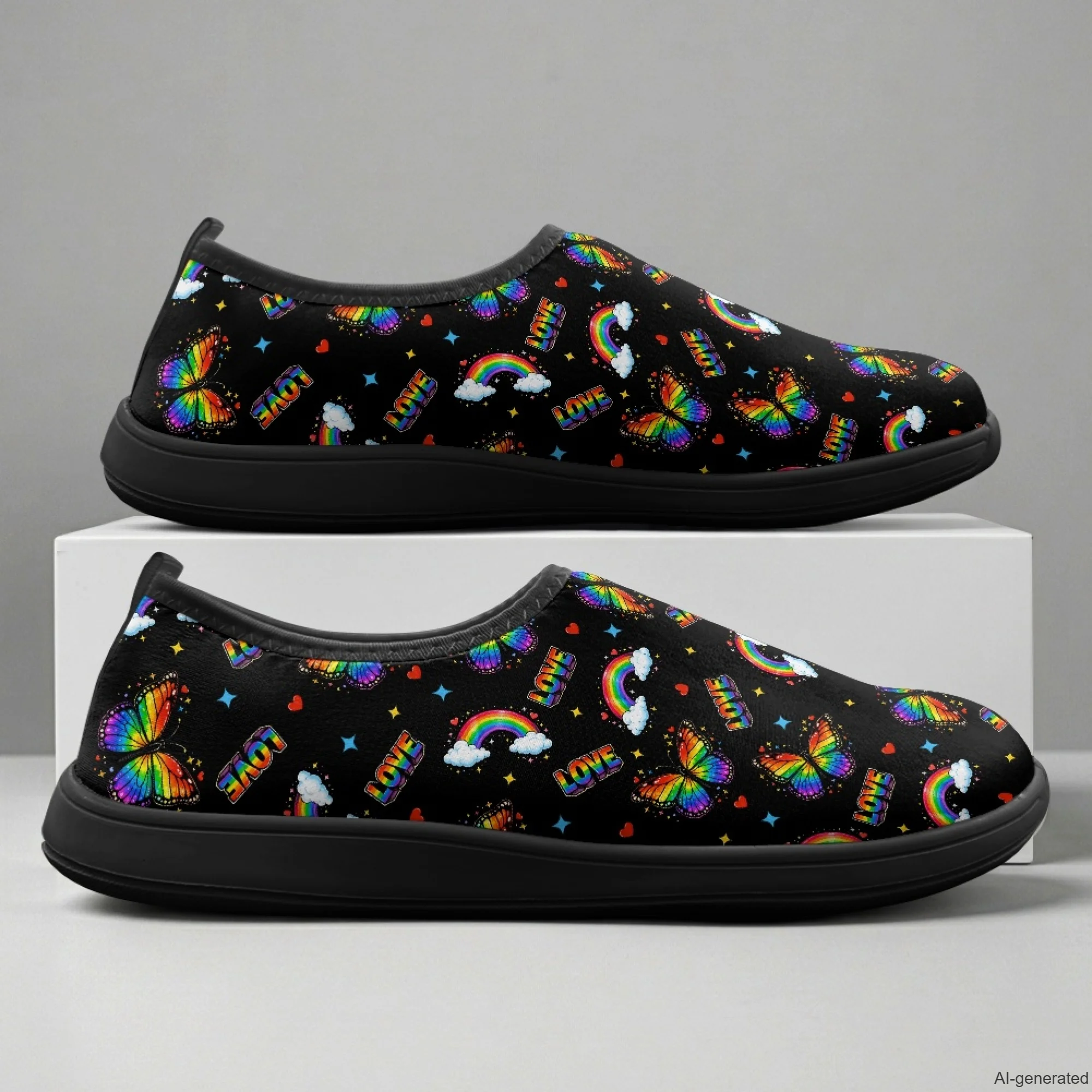 XIXIRIMIDO Slip-on Wide-toed Shoes Men's Breathable Mesh Shoes Rainbow Print Womens Fashion Sneakers Walking Shoes 36-46