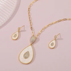 Fashion Women's Long Chian Necklace Earrings Set White Green Blue Waterdrop Design Trendy Party Wedding Jewelry Set