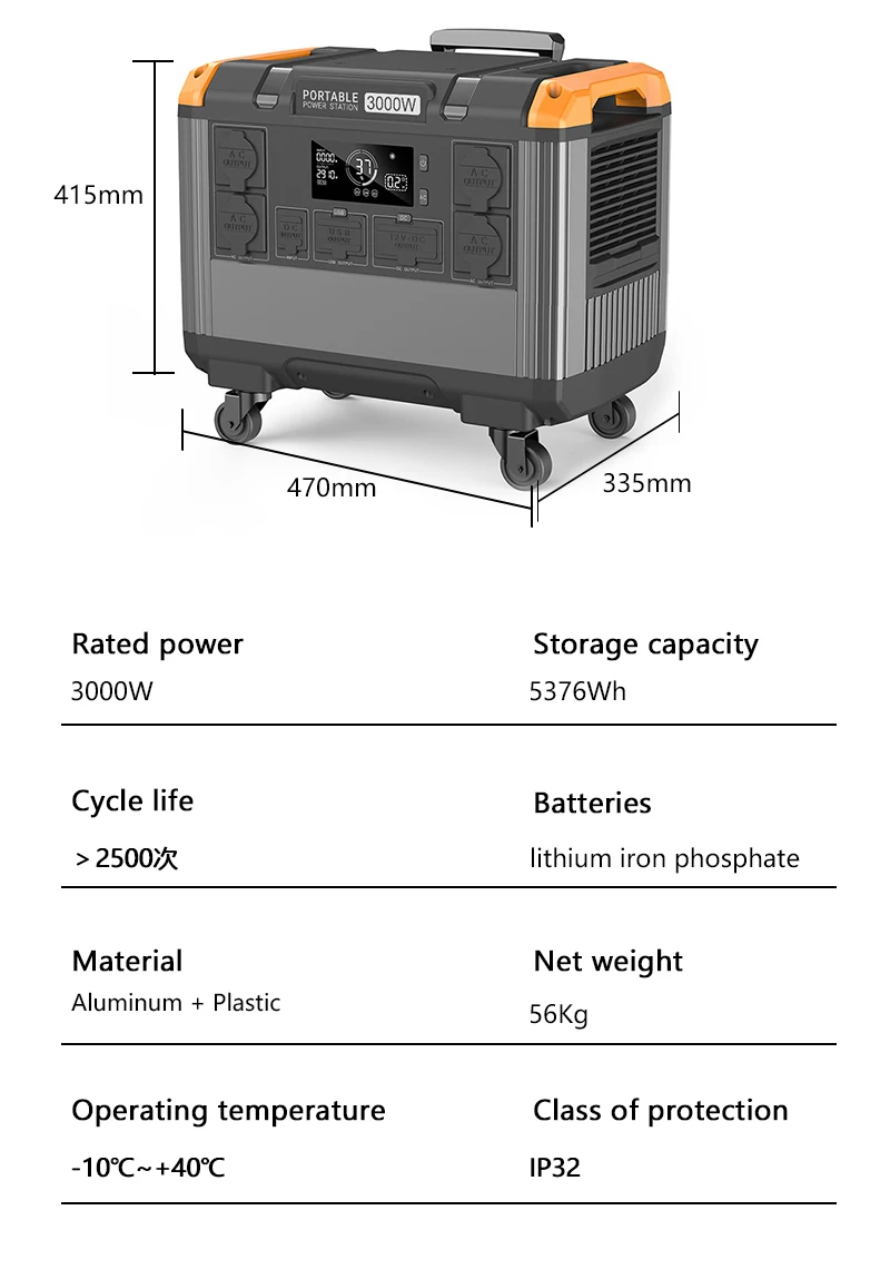 5376Wh Portable Power Station 3.2V 3000W Lithium Solar Generator for Outdoors Camping Travel Hunting Home Blackout Relief Black