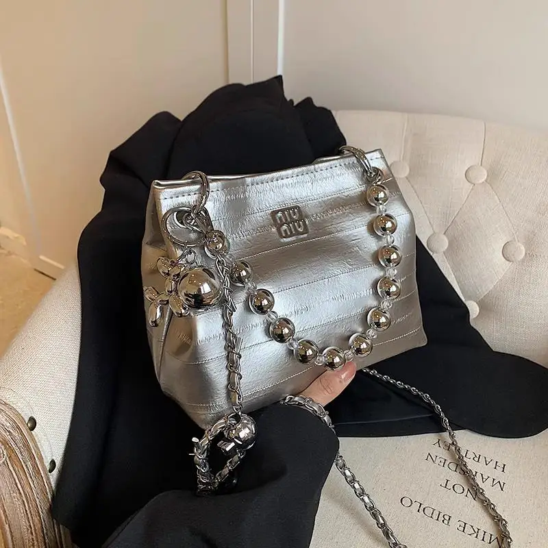 

New 2025 Women's Bag Fashion Silver Handbags Metal Chains Shoulder Crossbody Bag Exquisite Bucket Bag Designer Luxury Brand Bag