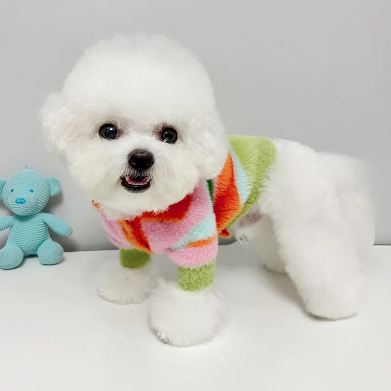 Pet Stripe Plush Sweater Cute Colorful Coat Dog Teddy Bears Schnauzer Small Dog Autumn/Winter Thickened Sweater Puppy Clothes