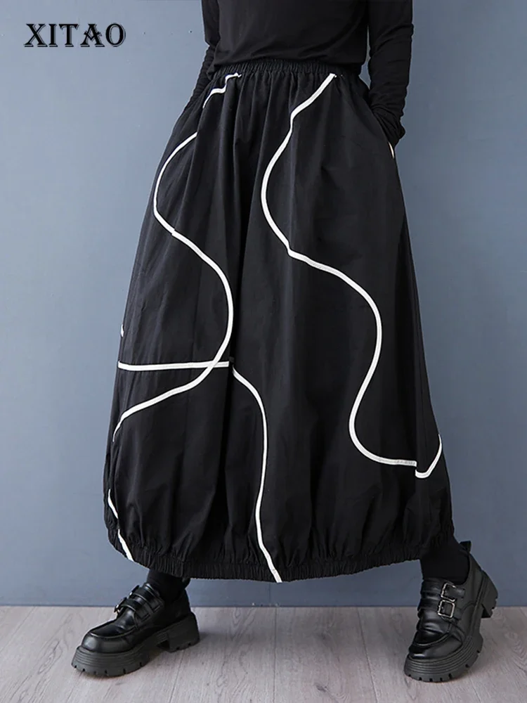 

XITAO Contrast Color Print Lantern Skirt Casual Loose Fitting Mid-calf Elastic Waist Fashion A-line Autumn Women Skirt GMM1234