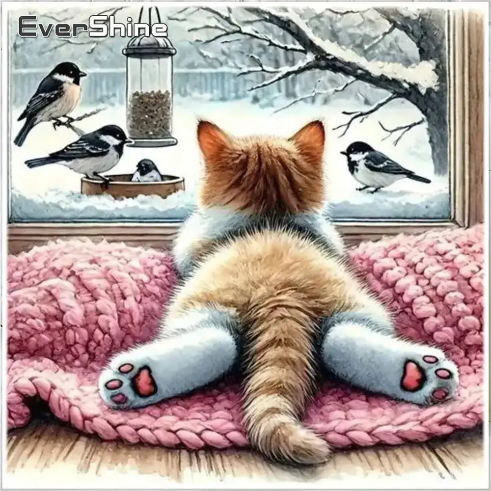 Evershine Full Square Round Diamond Painting Cat Animal Picture Rhinestones Embroidery Winter DIY Mosaic Bird Child Hobby