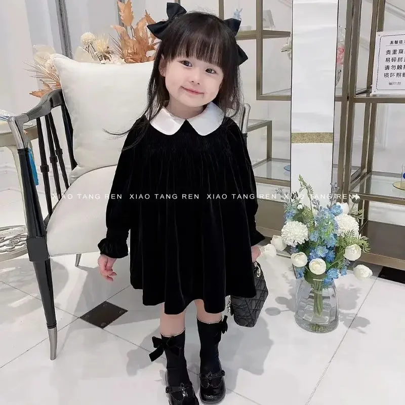 Korean Girls Velvet Dress Autumn Winter Fashionable Small Fragrance Childrens Long Sleeved Black Princess Dress