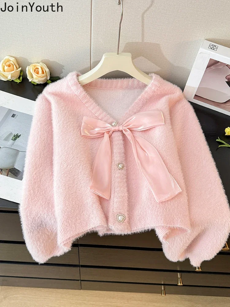 Pink Knitted Sweater Jackets Women Clothing Sueter Mujer V-neck Bow Sweet Pull Femme Fashion Korean Cropped Cardigan Tops 27z085