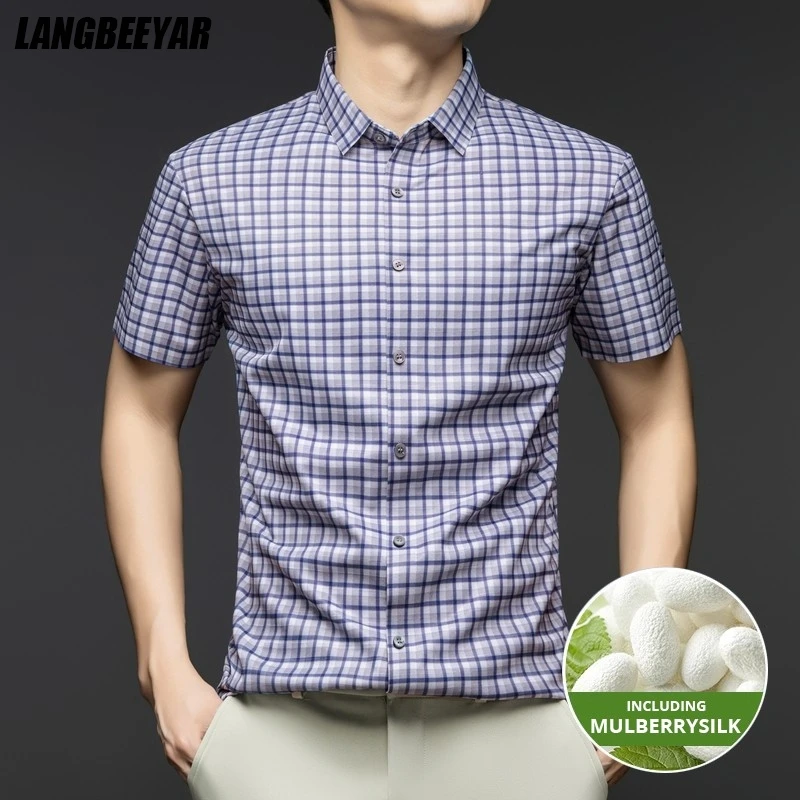 

High End 1.4% Mulberry Silk Anti-wrinkle New Summer Brand Checkered Shirt Men Slim Short Sleeve Casual Fashion Mens Clothing
