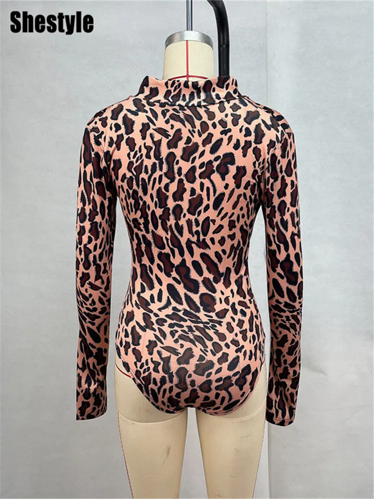 Shestyle Leopard Zip Up Long Sleeve Bodysuit Women Stand Collar Without Leg Tight Thong Button Brown Animal Dot T-Shirt Autumn