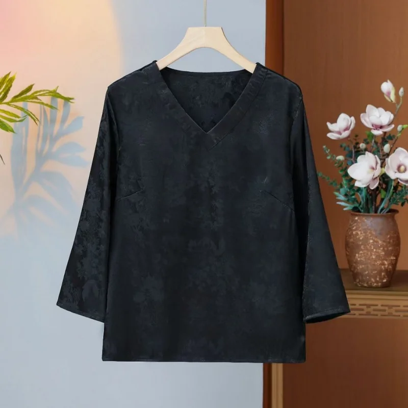 

Chinese Style Jacquart Pullovers Blouse Women Spring Autumn Loose Three Quarter Sleeve Female Shirt Fashion V-neck Womens Tops