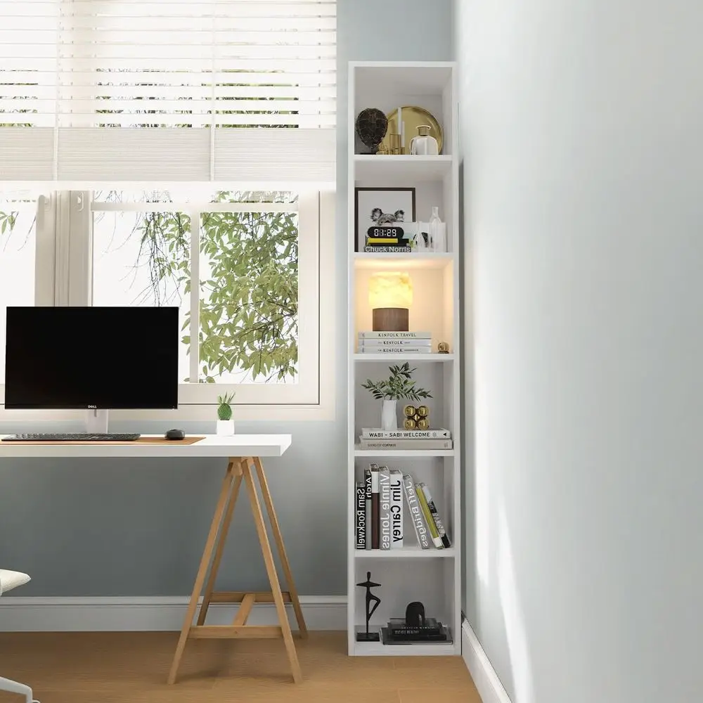 

6-Tier Narrow Bookshel, 71.5" Tall Bookcase, ern Book Shel with Storage Space, Wooden Display Storage Shelves or Bedroom