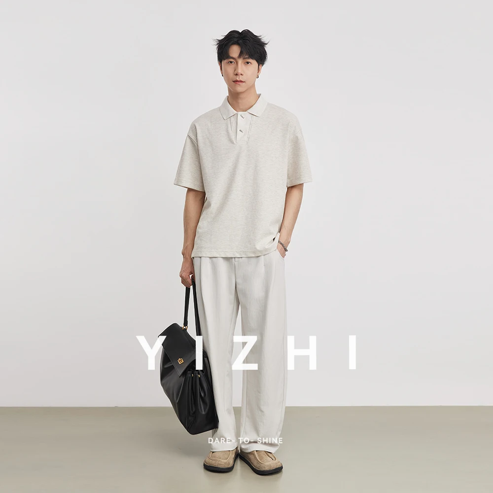 2026 Summer Men's 220g Heavyweight Waffle Polo Shirt Loose Lapel Breathable Soft Solid Color Basic Short Sleeve Tops