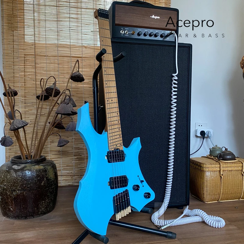 Acepro nowa satynowa niebieska gitara elektryczna bez głowy, ukośne progi ze stali nierdzewnej Jumbo popielaty korpus pieczony klon, szyjka wzmocniona