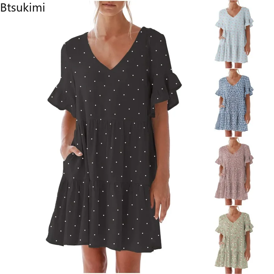 

2024 Women's Summer Dress Fashion Floral Printed Dresses Female V Neck Ruffle Sleeve Pocket Short Sleeve Loose Causal Dresses