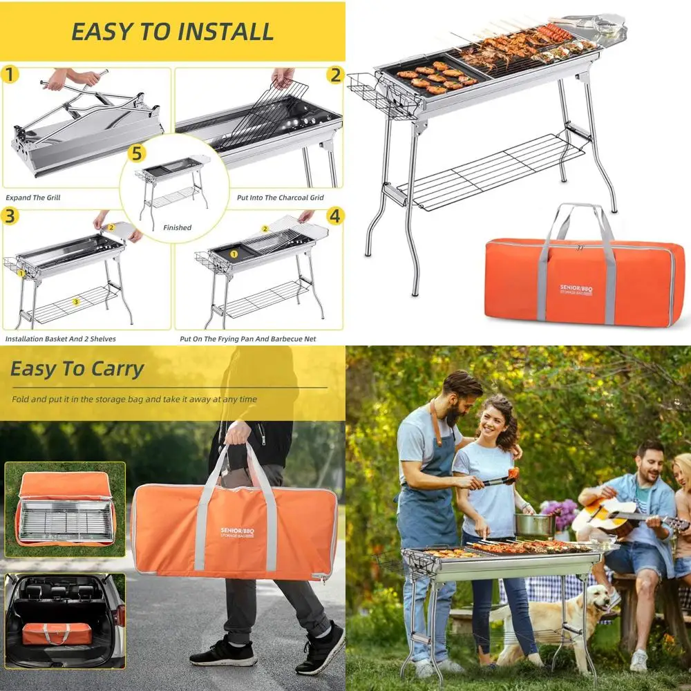 

Compact Outdoor Charcoal BBQ Grill for Family Gatherings, Picnics, and Backyard Parties with Storage and Non-Stick Grilling Pan