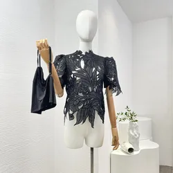 White Ramie Embroidery Floral Short Sleeve Cut Out Blouse Tops Elegant Fashion Women 2024 Spring Summer High Quality Clothing