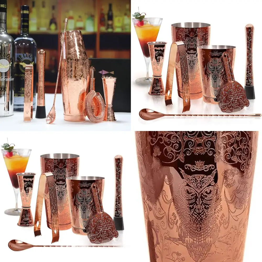 

Набор для приготовления коктейлей из нержавеющей стали с медным покрытием, 6 предметов: бостонский шейкер, ложка для смешивания, мадлер, джиггер, ситечко и щипцы для льда