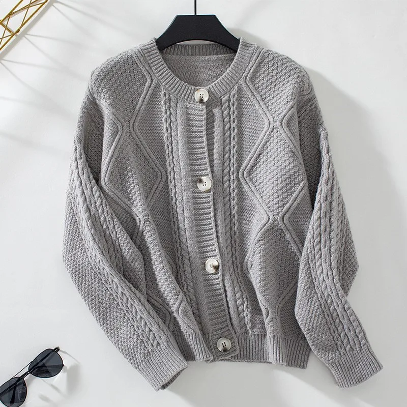 Apricot Casual Knitting Women's Sweater Cardigan New V-neck Fried Dough Twists Button Long Sleeve Autumn Versatile Sweater Coat