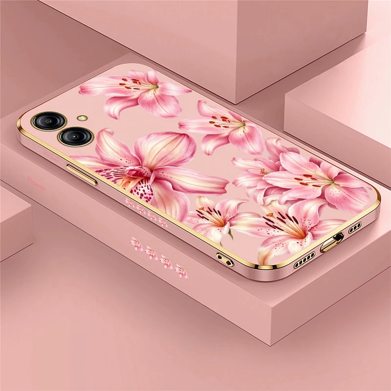 Pink Lily Lychee Texture Case For Samsung Galaxy A06 A05 A04 A03 Core A03s A02 S Plating Silicone Soft Drop Resistant Cases Capa
