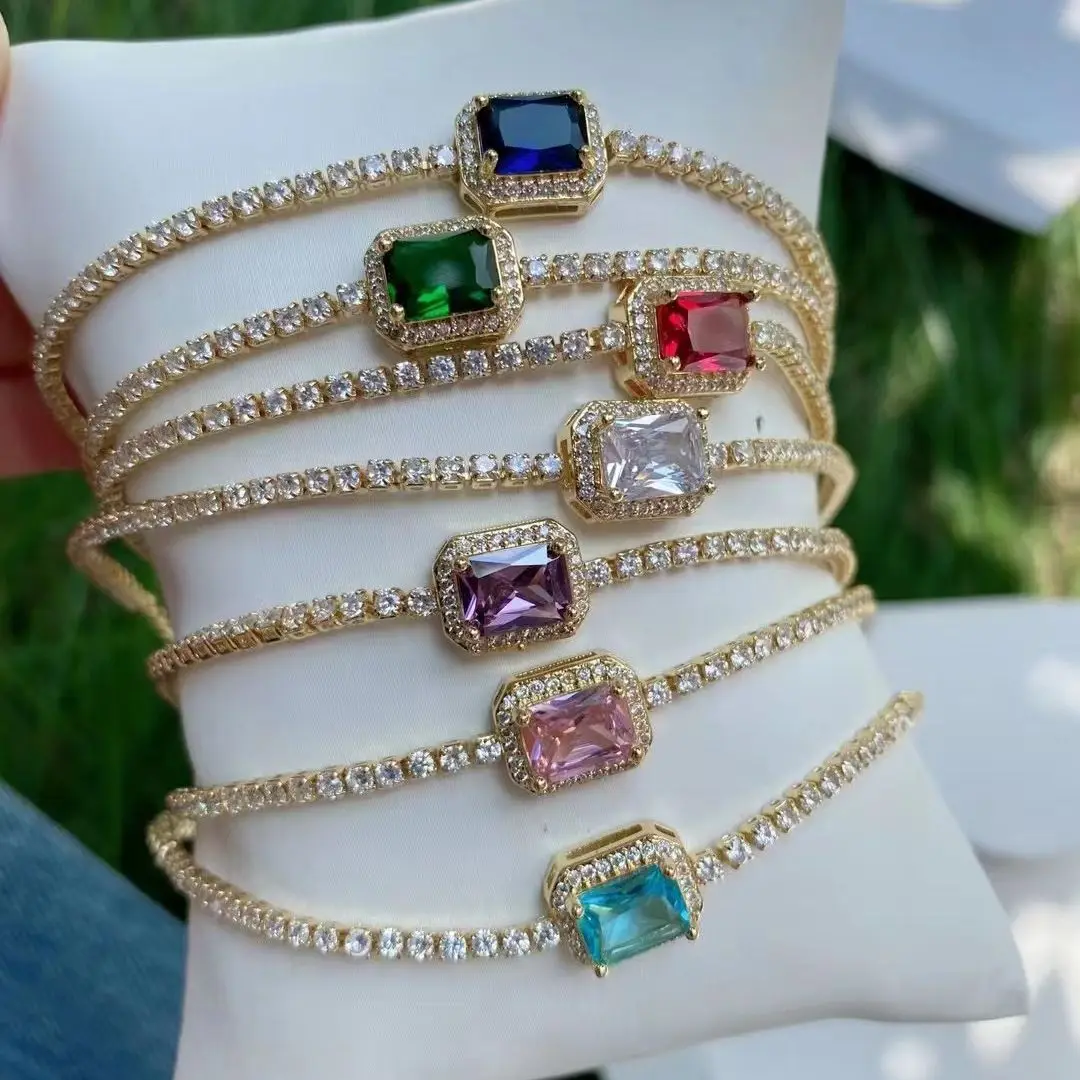 

5PCS, Simple Fashion Women Girl Jewelry Colorful Rectangle Cubic Zirconia Gold Color Square Bead Tennis Chain Bracelet