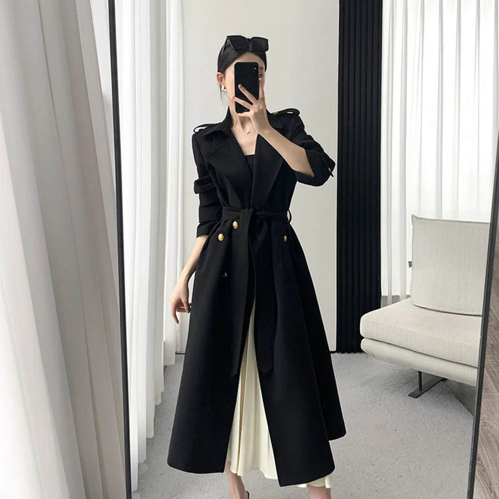 

Black Long Trench Coat Windbreaker Jacket For Women's 2023 Autumn New Elegant Mid Length Classics Office Ladies Blazers Overcoat