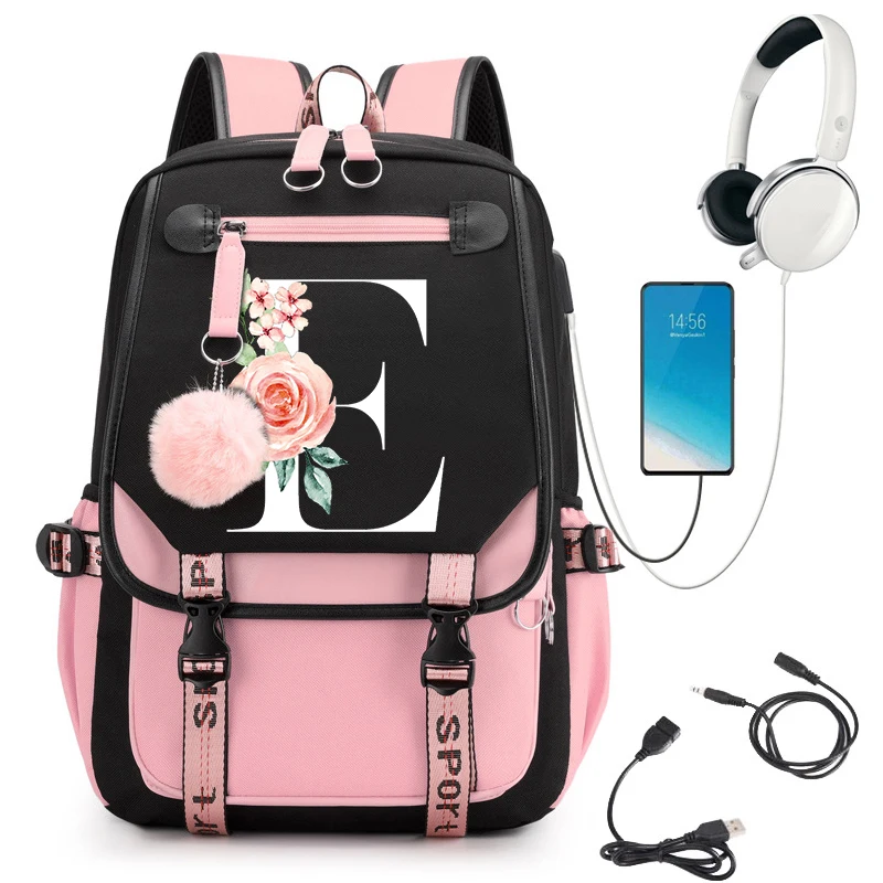 Female Travel Backpacks for School Bag 26 Floral Alphabet Backpack Girls Sports Cartoon Backpacks for Women School Bag for Girls