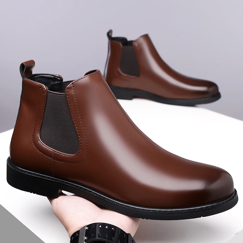 MenBlackGenuineLeatherChelsea Boots Elastic Side SlipOn AnkleBootsFormalBusinessDress ShoesComfort NonSlipOfficeWedding Footwear