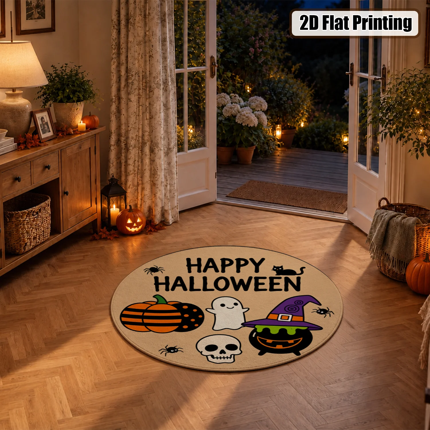 Halloween Ghost Pumpkin Witch Spider Skull Pattern Round Velvet Rug, Machine Washable, Stays Firm, Suitable for Living Room, Bedroom, Entryway, Great for Halloween, Thanksgiving, Christmas, New Year, Black Friday Decor