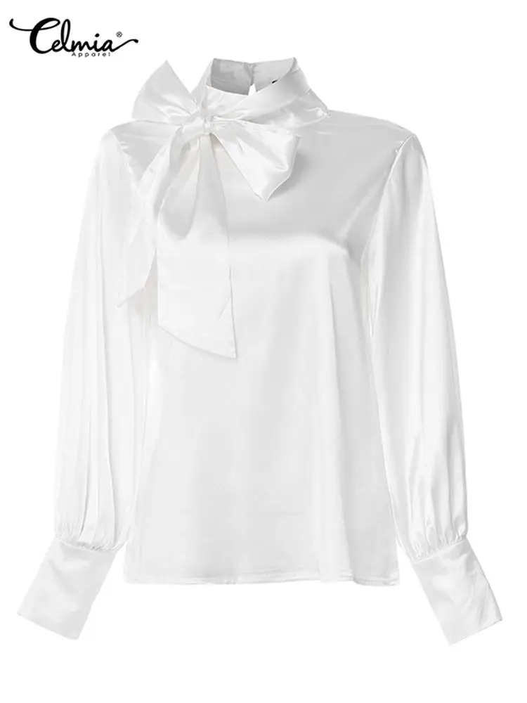 Celmia Fashion Satin Silk Shirts Elegant Casual Women\'s Office Lady Blusas Lantern Sleeve Bow Tie Neck Femininas Blouoses