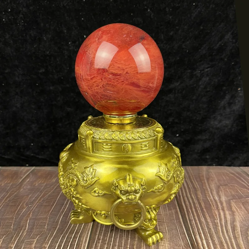 Brass Treasure Bowl Ornament Crystal Ball Double Dragon Playing with Pearls Nine Turns of the Universe Furnace Home Office Decor