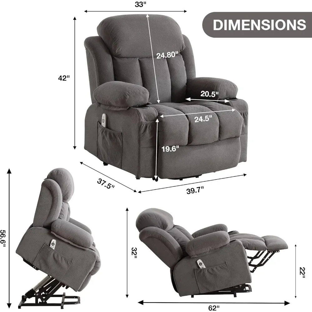 Power Lift Recliner Chair with Heat and Massage Electric Fabric Recliner Chair for Elderly with Side Pocket