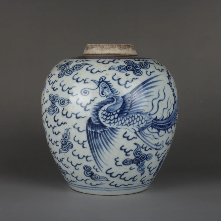 Late Qing And Republic Of China Folk Kiln Blue and White Hand Painted Phoenix Jar Collection Antique Ceramic Ornaments