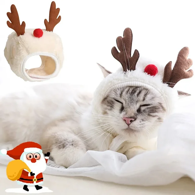 Świąteczny kostium szczeniaka dla kota Xmas Cat Santa Elk Hat with Bandana Bib Scarf Set Cat Accessories Pet Holiday Dress Up Supplies