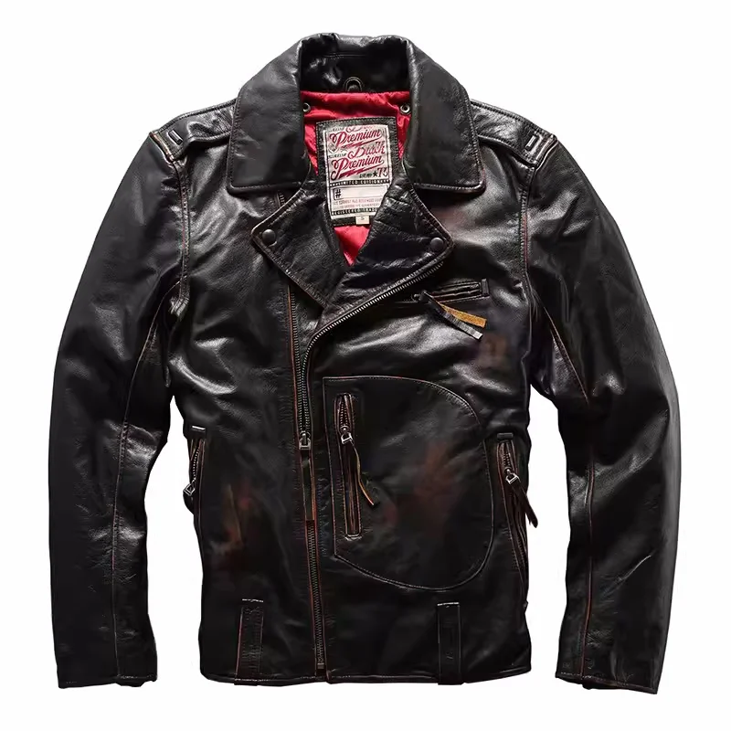 

Vintage Black Winter Leather Jacket Men Retro Style Plus Size 5XK Natural Thick Cowhide Diagonal Zipper Genuine Leather Coat