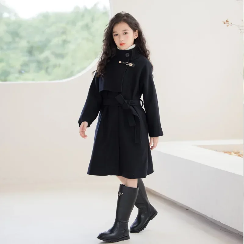 Girls Winter Wool Coat Mid-length Double-faced Tweed Overcoat for Kids Fashion Black 10 12 14 Years Teenage Children Outerwear