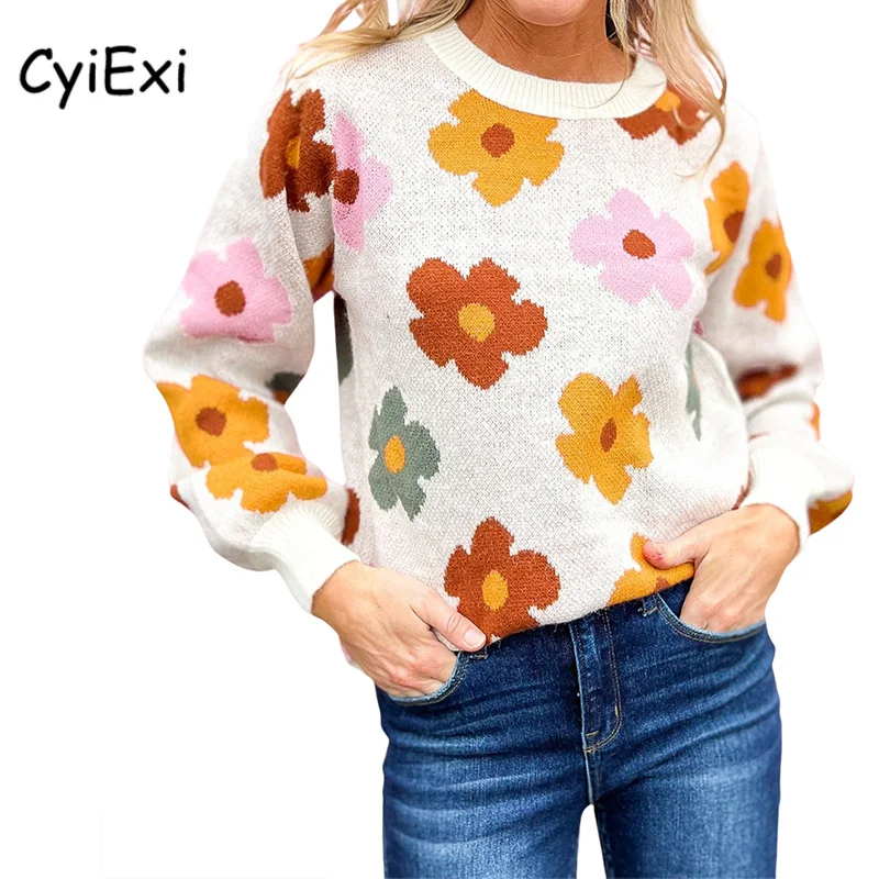 

CyiExi Casual Women Plus Size Sweater Floral Pattern Round Neck Long Sleeve Cardigan Sweaters Large Size Ribbed Trim Tops XL-3XL