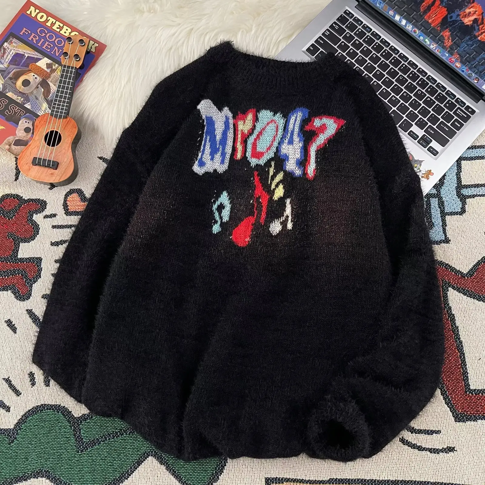 

Retro Hong Kong Sle Color Blo Men's Knitted Sweater Loose Fit Large Size Faux Fur Top for Younger Men Autumn Winter New A...