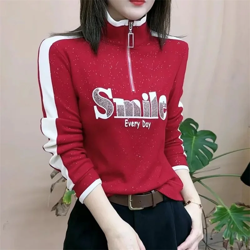 秋冬プラスベルベット底シャツ女性デザインレターファッション長袖セーターパッド入り暖かいジッパープルオーバートップス