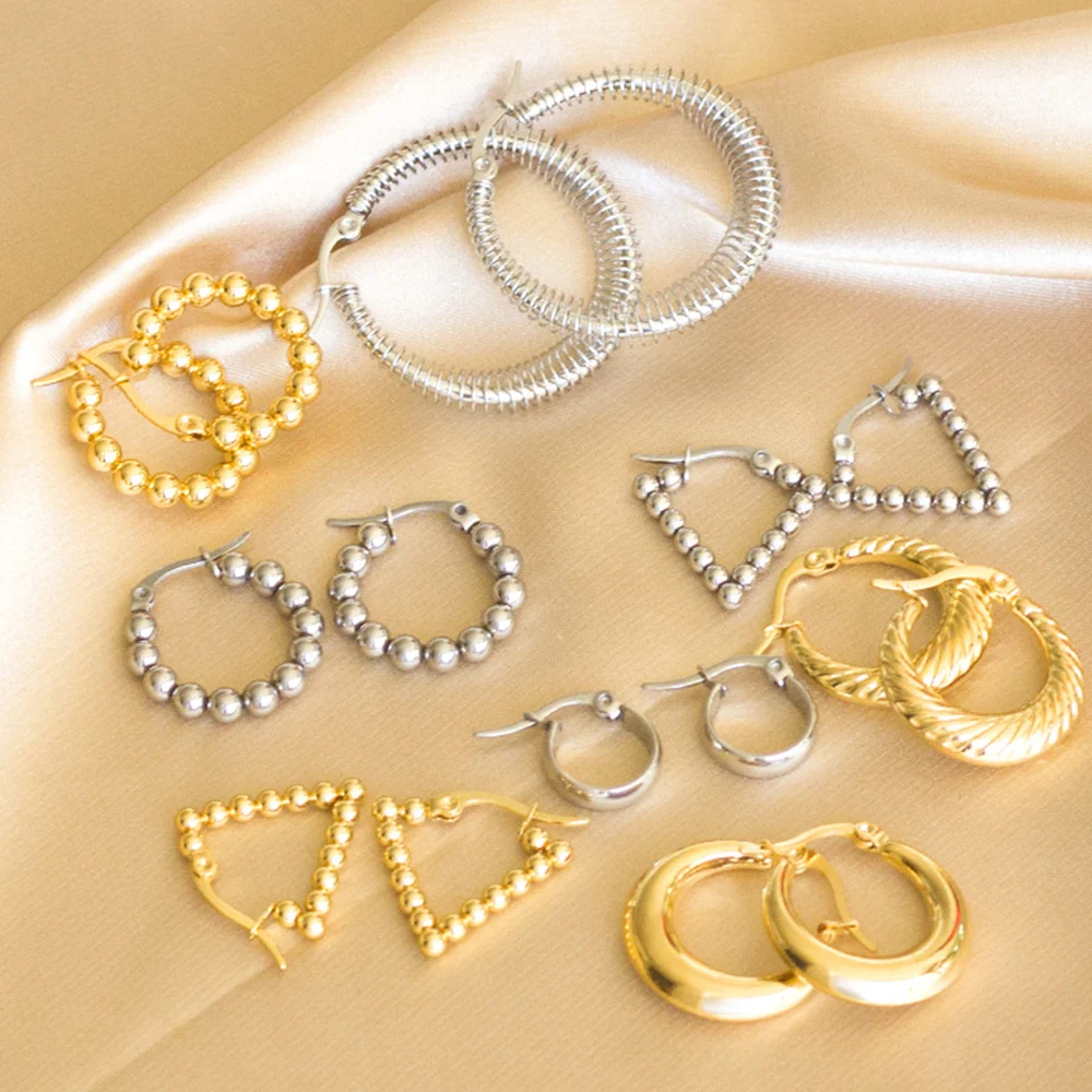 LUXUSTEEL Hyperbole Stainless Steel Beaded Hoop Earrings Women Round Circle Ear Huggie Golden Color Accessorie Aretes Christmas