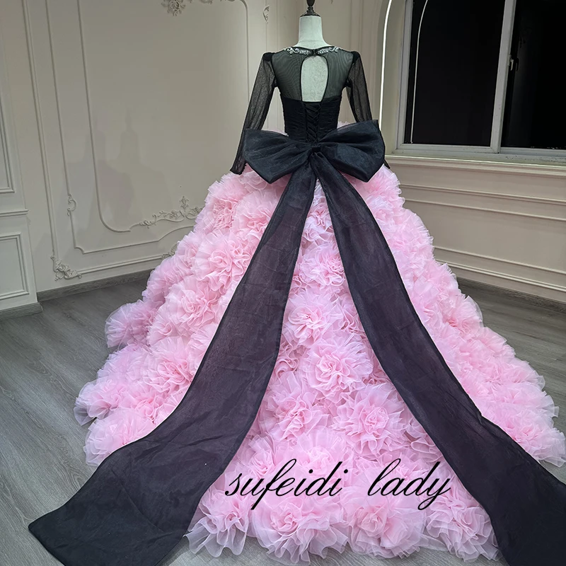 2025 new Quinceanera pink flower dress Black bow round neck long sleeve wedding dress