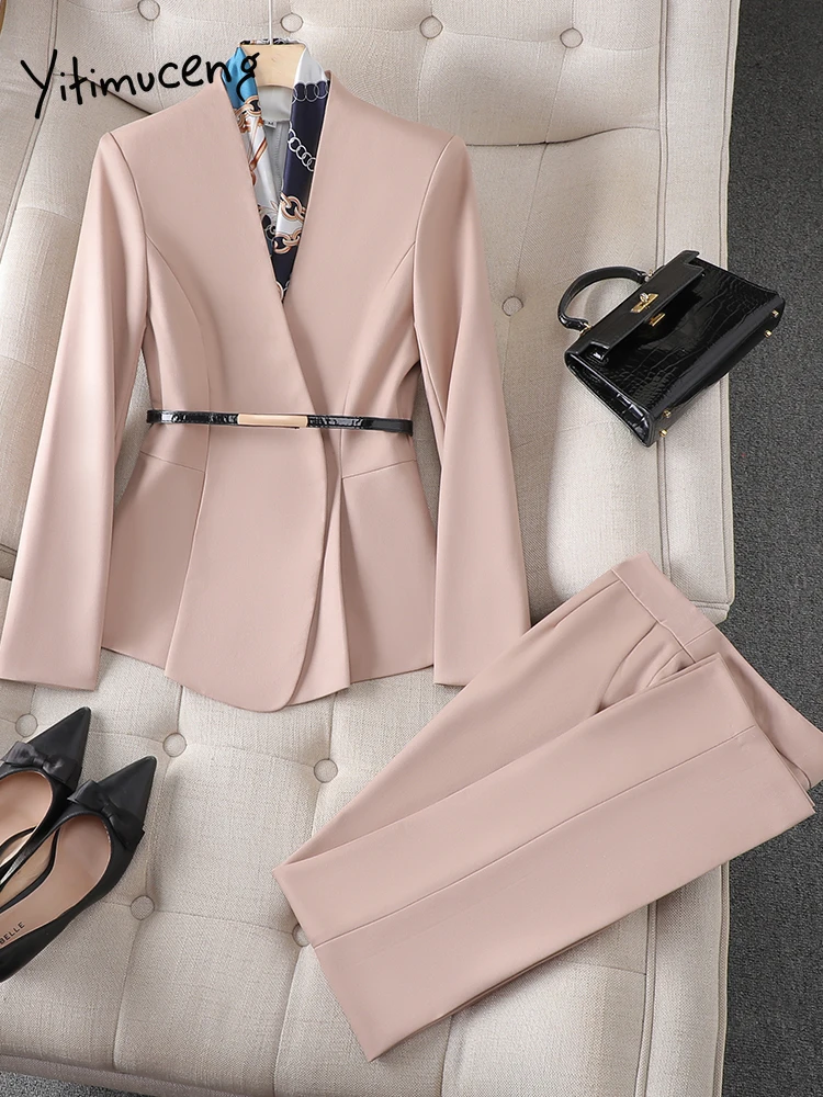 Yitimuceng Elegant Office Pant Suits Women Korean Fashion Long Sleeve V Neck Formal Blazer Trousers Autumn Winter 2 Piece Set