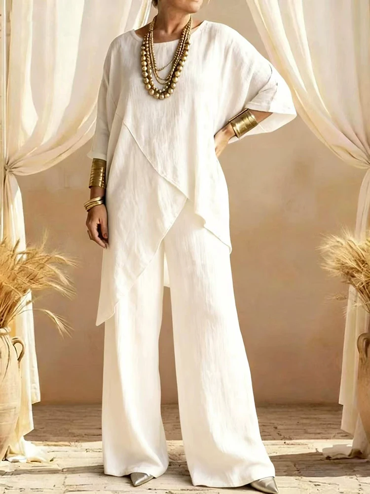 

Loose casual cotton and linen sleeve round neck irregular hem set comfortable summer fashion new two-piece set