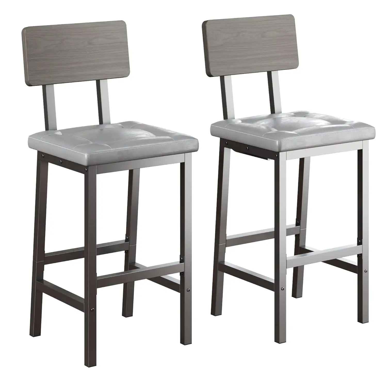 

16.5in Square PU Bar Stools Set of 2 with Back & Footrest Thick Cushion Kitchen Island Dining Counter Rustic Grey Customized