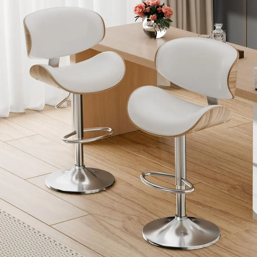 Stools Set of 3, Adjustable Swivel Leather Bar Stools for Kitchen Island, Mid Century Modern Counter Height Bar Chairs Barstool