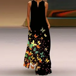 Ladies Elegant Dress 2024 New Fashion Butterfly Digital Print V-Neck Vest Long Dress Hawaii Vacation Casual Sleeveless Dress