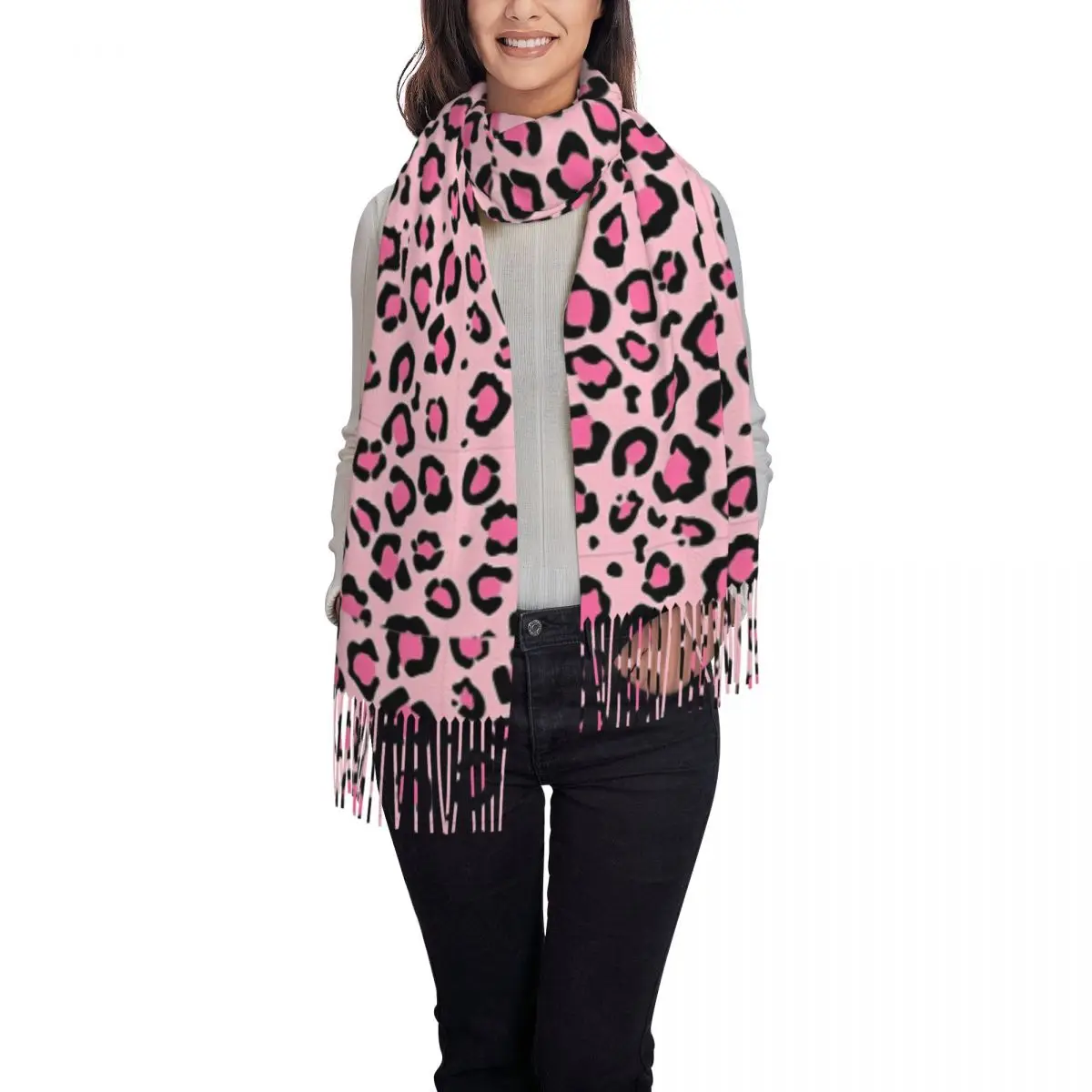 여성용 스카프 따뜻한 핑크 레오파드 프린트 패턴 대형 스카프 태슬 장식 빈티지 숄 및 랩 겨울 맞춤형 반다나