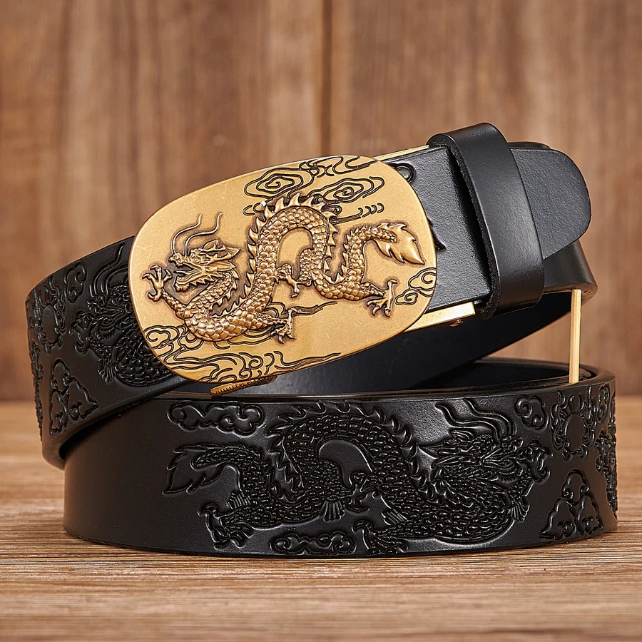 

3.5CM Automatic Buckle Dragon Pattern Belt Designer s Quality Male Genuine Leather Strap Luxury Fashion Cowskin Men